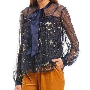 Endless Rose 
Embroidered Constellation Sheer Chiffon and Satin Blouse